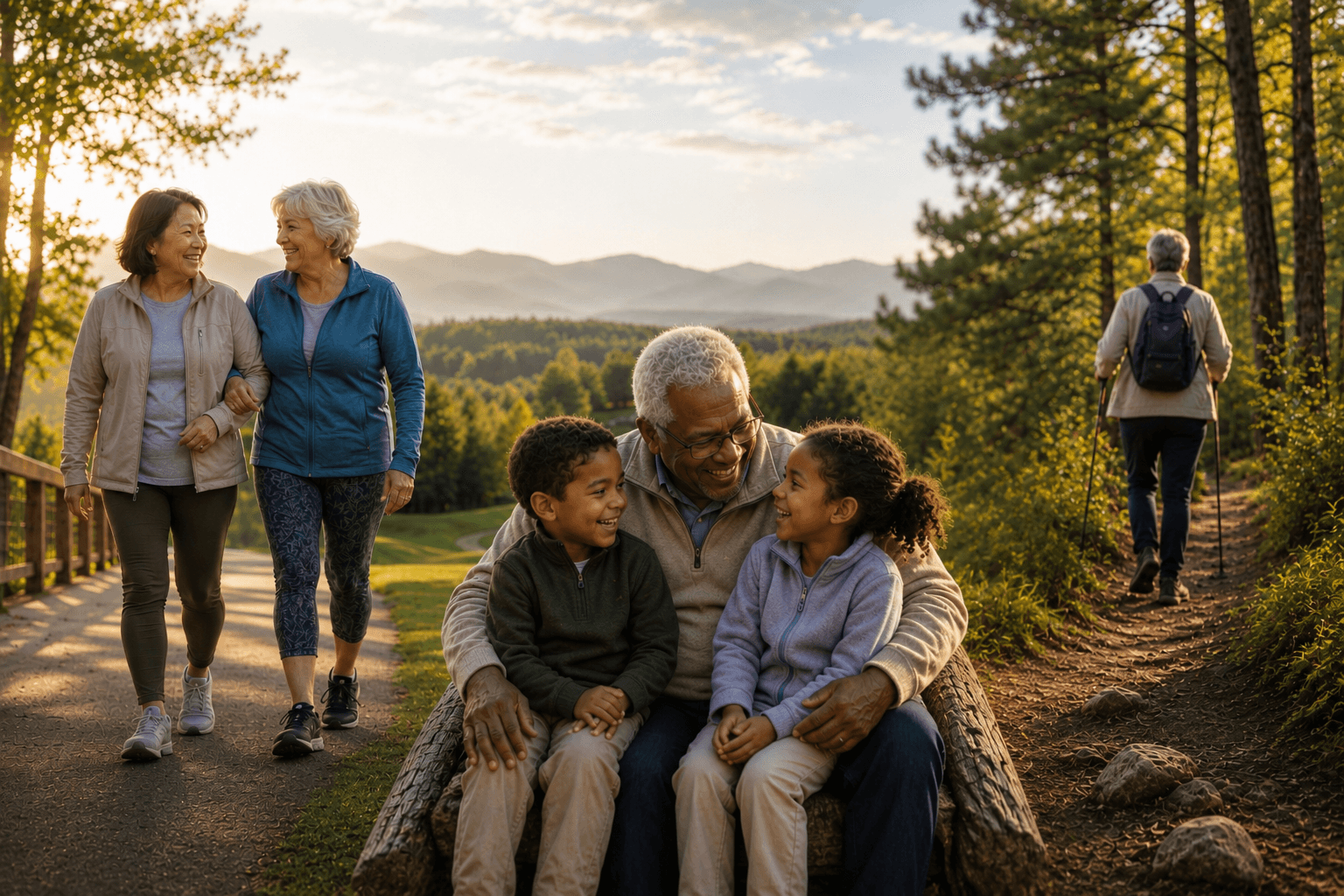 Older adults walking a wooded trail and sitting with grandchildren at golden hour