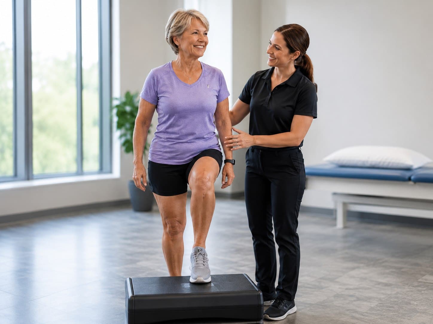 A patient working through a step exercise with her physical therapist